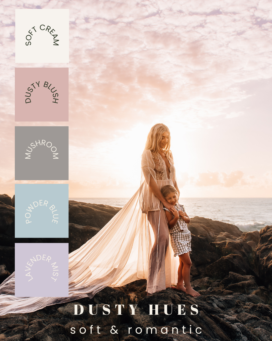 Elegant white flowing dress billows in the wind against dramatic rocky coastline at sunset.