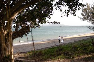 Distant view of beach landscape with trees and couple walking along shoreline.