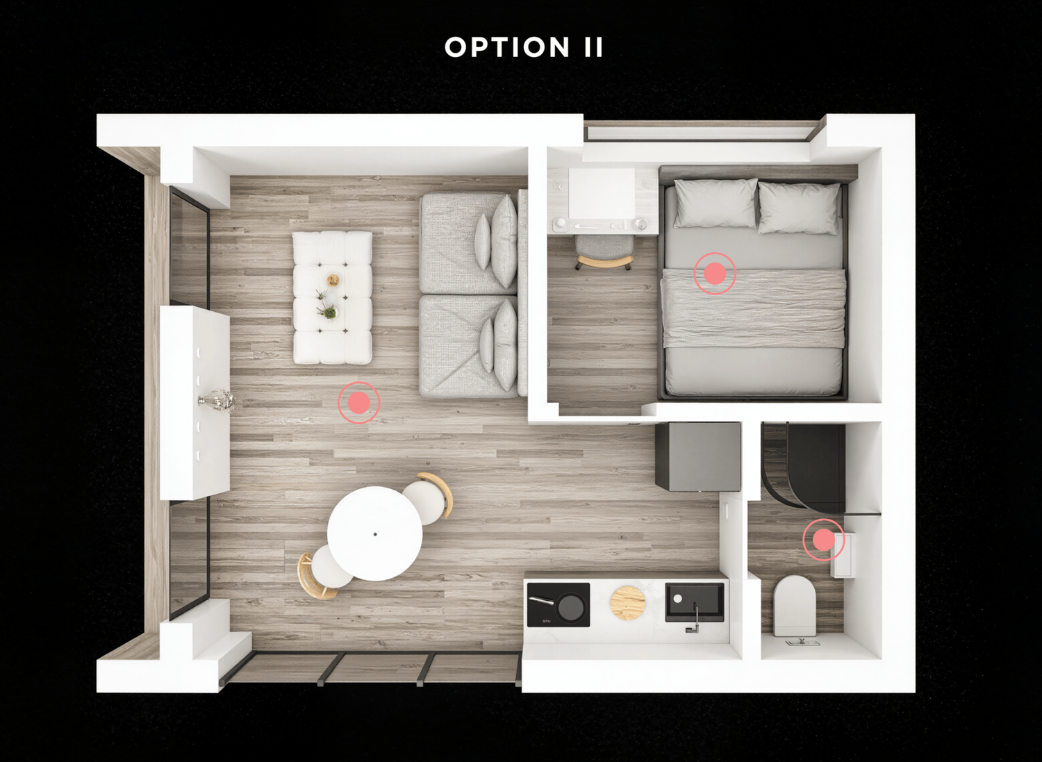 3D architectural section rendering showing interior spaces of a modern minimalist structure with white walls.