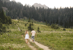 Couple holding hands walking on a trail through a wildflower meadow with evergreen forest and mountains behind.