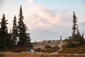 A panoramic mountain landscape with evergreen trees and rocky terrain against a cloudy sky at sunset.