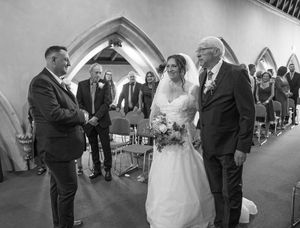 A sequence of black and white wedding ceremony photos showing moments from a traditional church celebration.