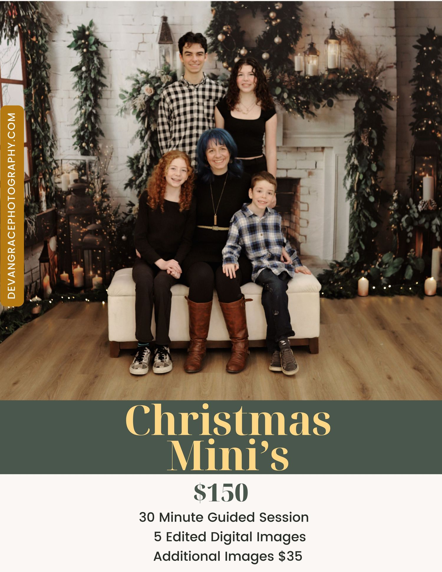 Christmas mini photo session advertisement showing family group posed in front of decorated holiday fireplace mantel.