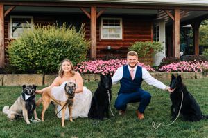 A sequence of five engagement photos shows a couple posing with their dog in an outdoor garden setting.