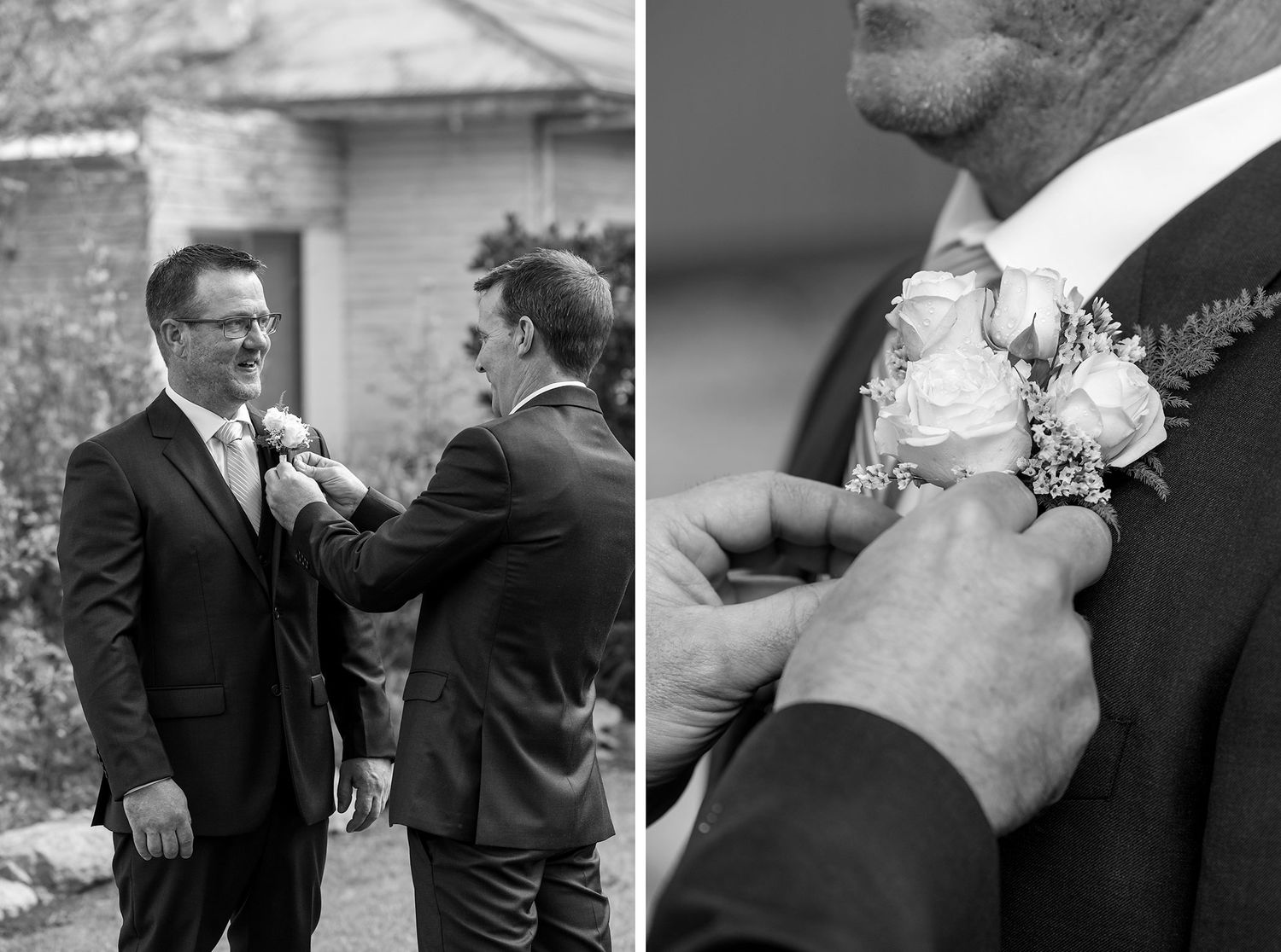 A series of black and white wedding photographs of a Groom with his Best Man putting a button hole flower on his suit jacket at Buller Wines