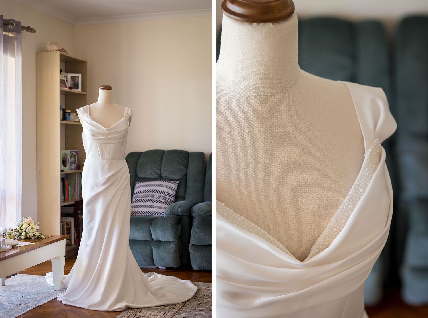 A flowing white bridal gown with a fitted bodice and flowing train captured in sequence from different angles on a mannequin.