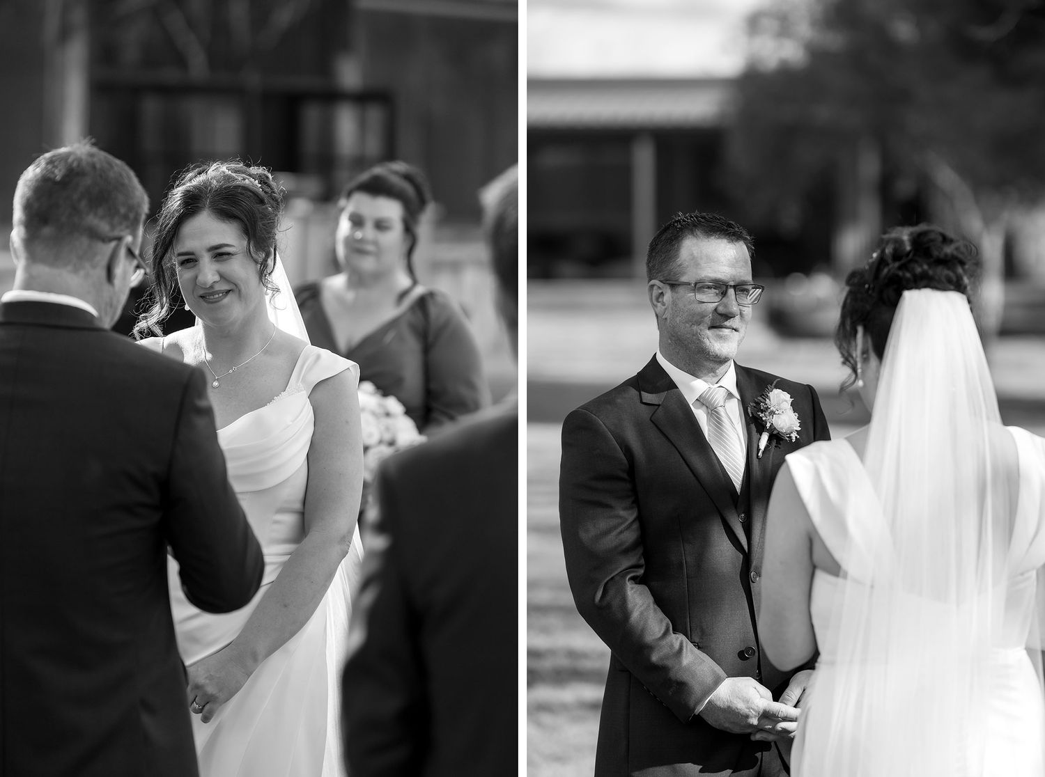 A black and white image of a special moment between a bride in a white dress and groom at an outdoor wedding celebration at Buller Wines.