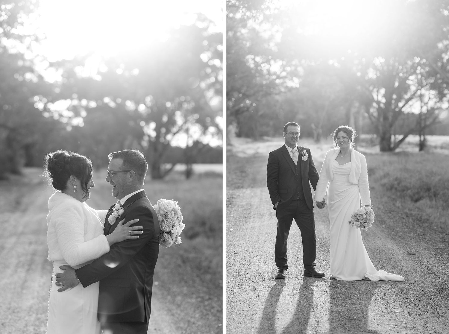 Black and white wedding photographs showing romantic sunset moments in an outdoor garden setting with natural lighting at Buller Wines.