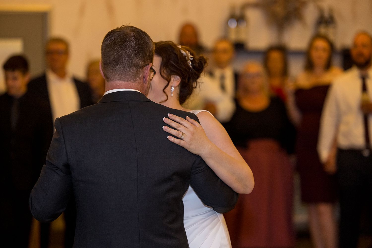 A close up image of a bride and groom during their first dance at their reception at Buller Wines in Rutherglen.