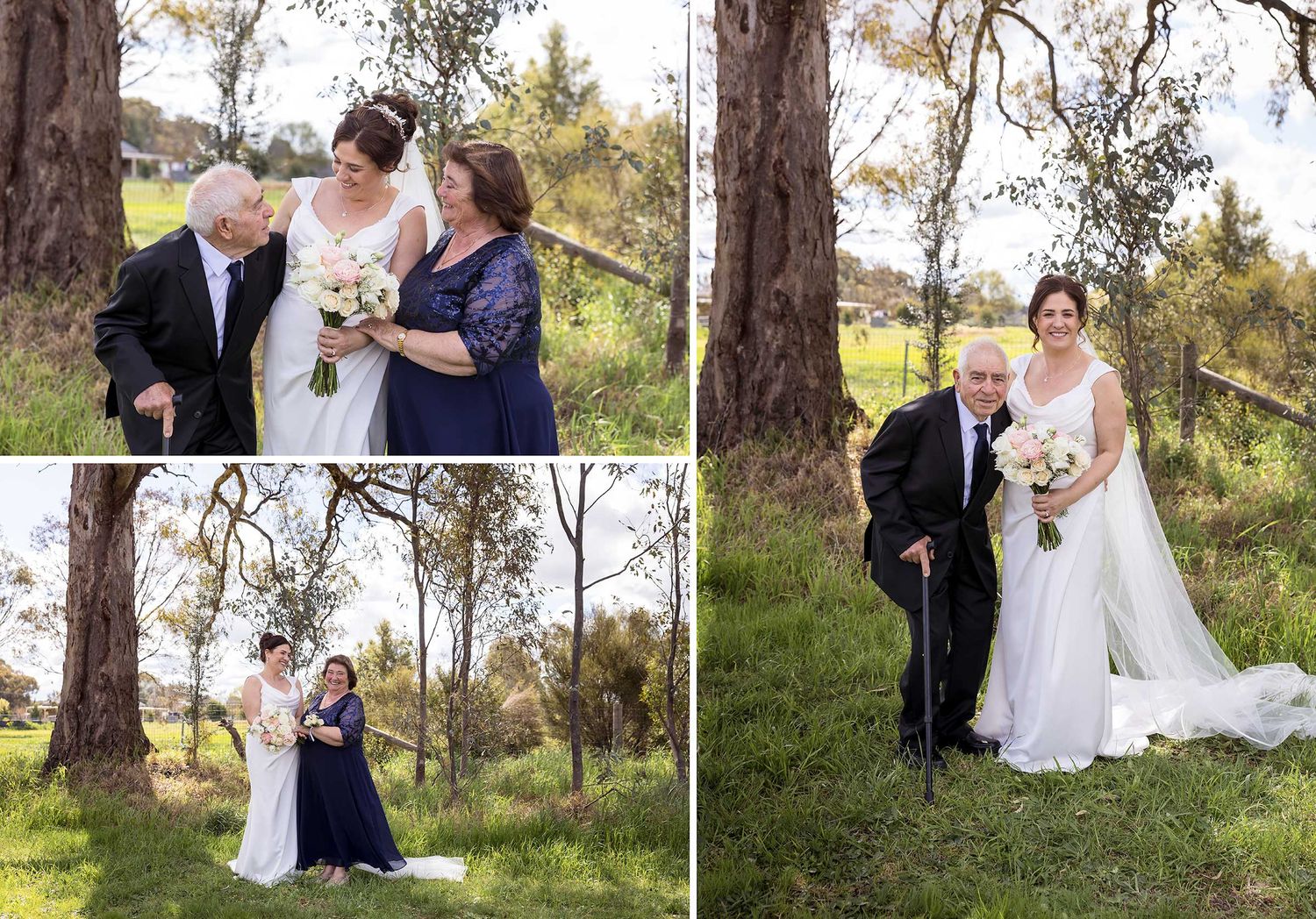 A series of photos of a Bride in her wedding dress with her parents in an outdoor setting with Gum Trees in the back ground.