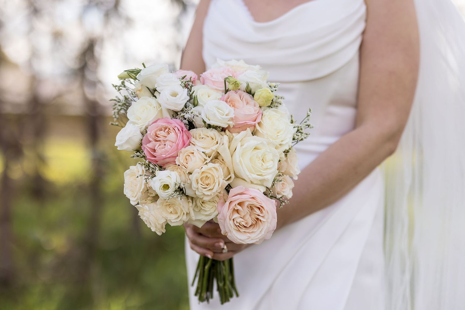 Elegant white and blush pink bridal bouquets with roses and mixed florals displayed in sequence.