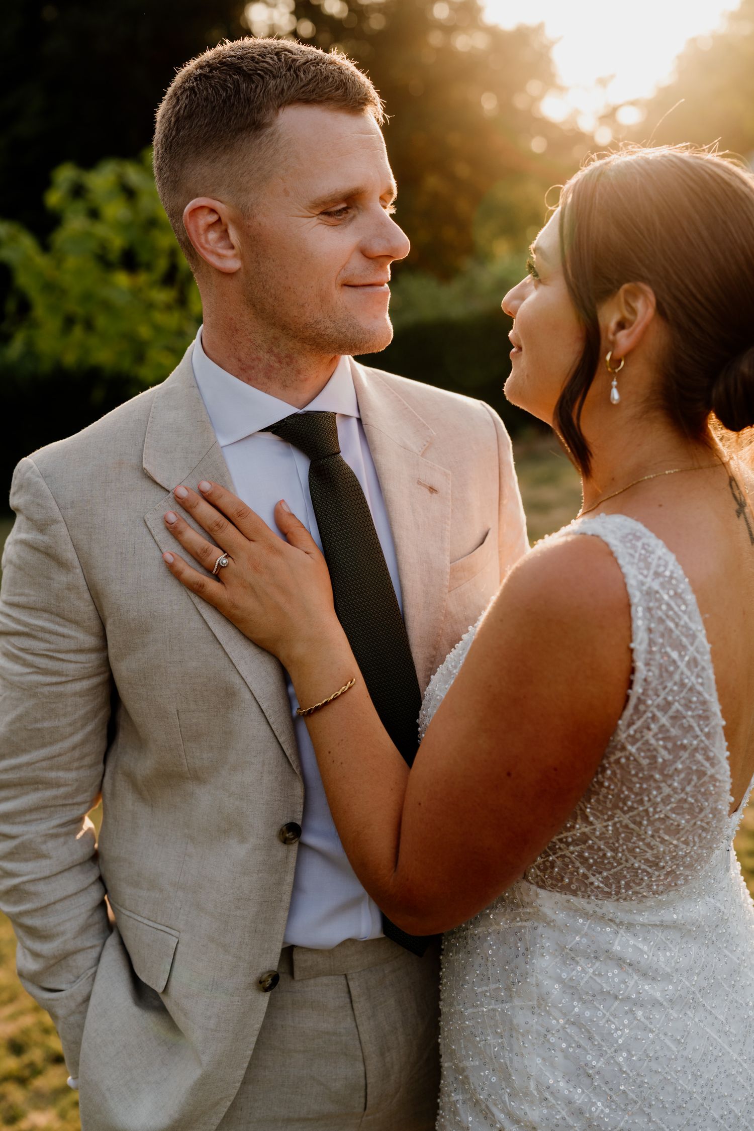 A sunset wedding portrait sequence shows an intimate moment between newlyweds in formal attire during golden hour.