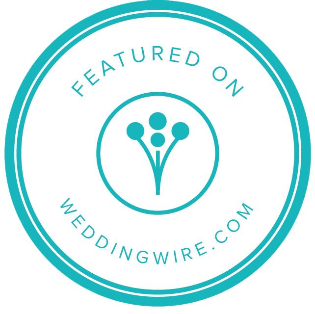 Featured on WeddingWire.com teal circular badge with floral bouquet icon.