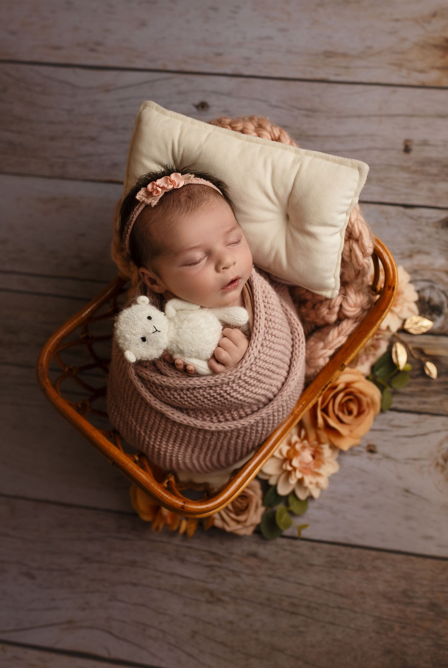 Charlottesville photographer, baby, newborn, family, maternity, baby girl wrapped in pink and holding lamb lovey