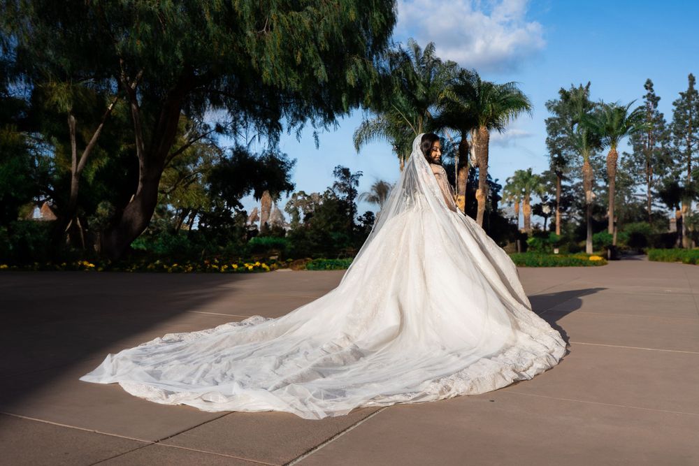 Scenic outdoor wedding portrait showcasing bride's dramatic cathedral train.