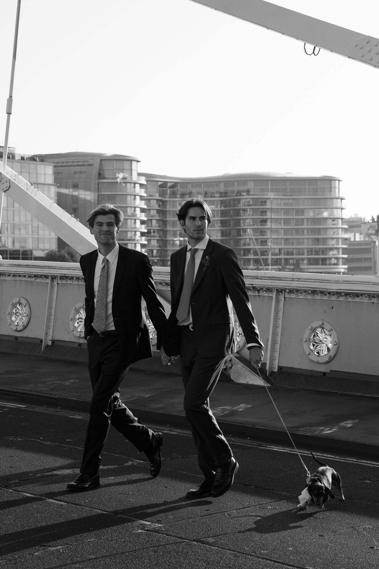 Two people in suits walk their small dog on Albert Bridge with city buildings in the background.