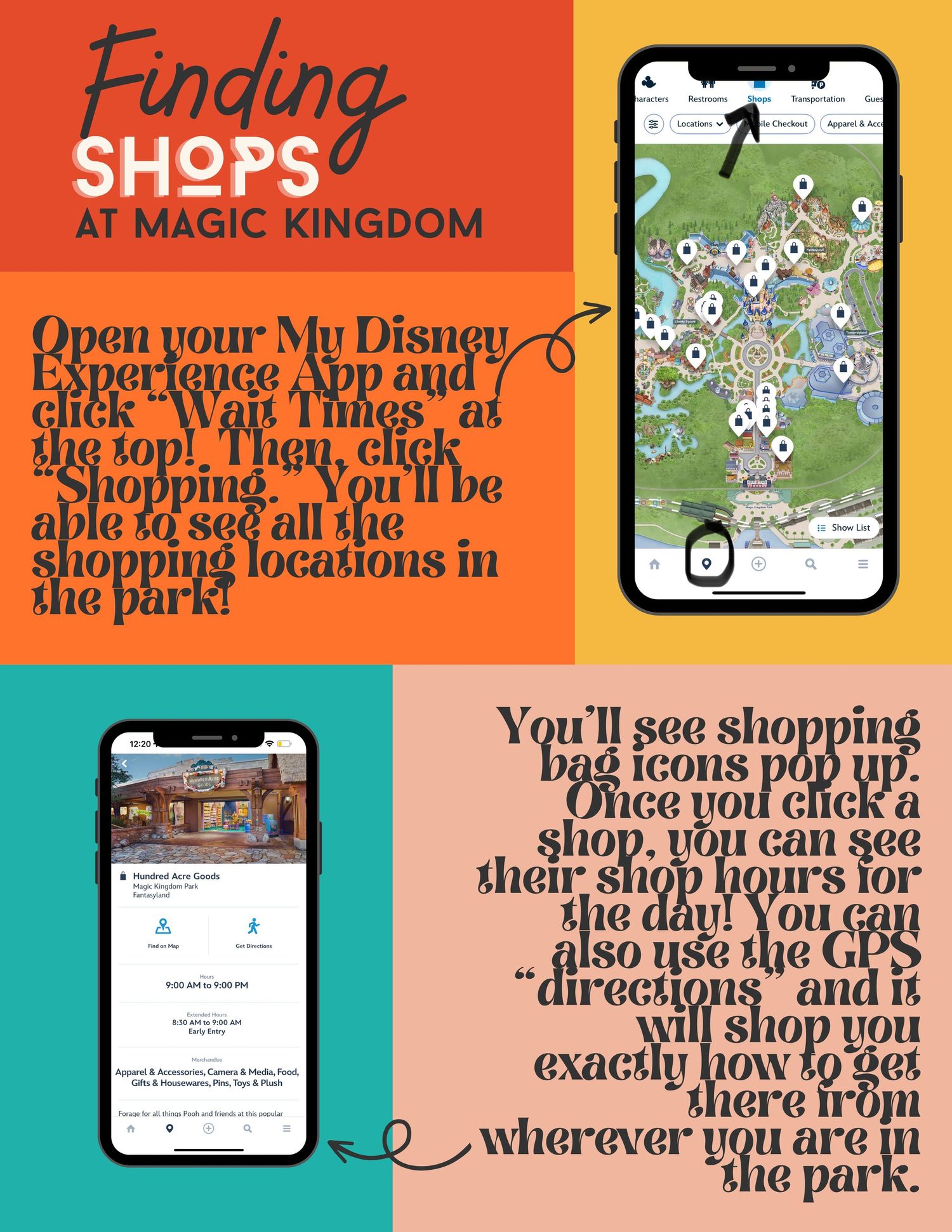 Tutorial screenshots show how to use the My Disney Experience app for finding shop locations and wait times in the park.