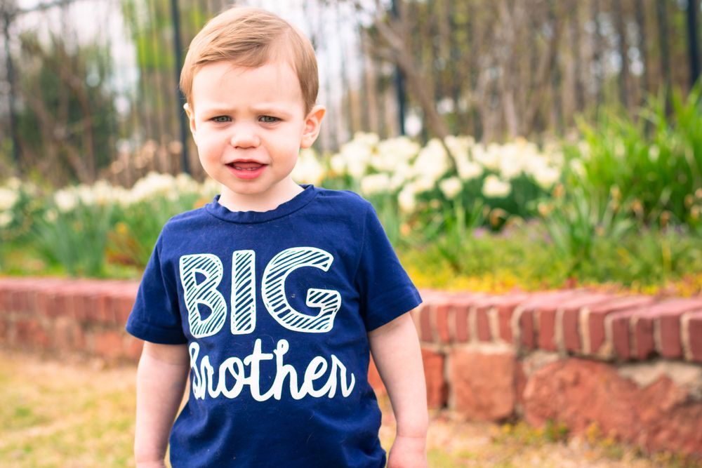 Toddler boy wearing a "Big Brother" t-shirt outdoors, in front of flowers and a brick wall.