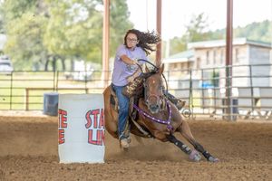 Barrel racer and horse navigate tight turn at high speed during rodeo competition in outdoor arena.