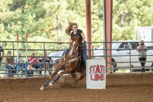 A row of five images showing rodeo action including barrel racing and roping events in an outdoor arena.