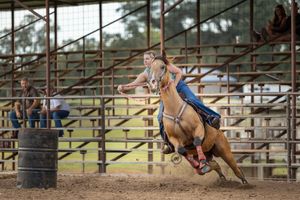A bull rider competes during a rodeo event as spectators watch from metal bleachers in the background.