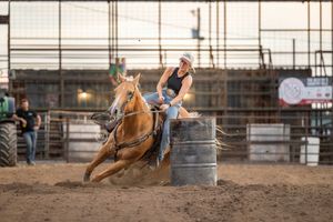 Five consecutive action shots of a rodeo rider competing in barrel racing inside a dusty arena.
