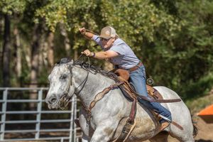 A sequence of rodeo action shots shows a rider staying mounted on a bucking white horse during a competition.