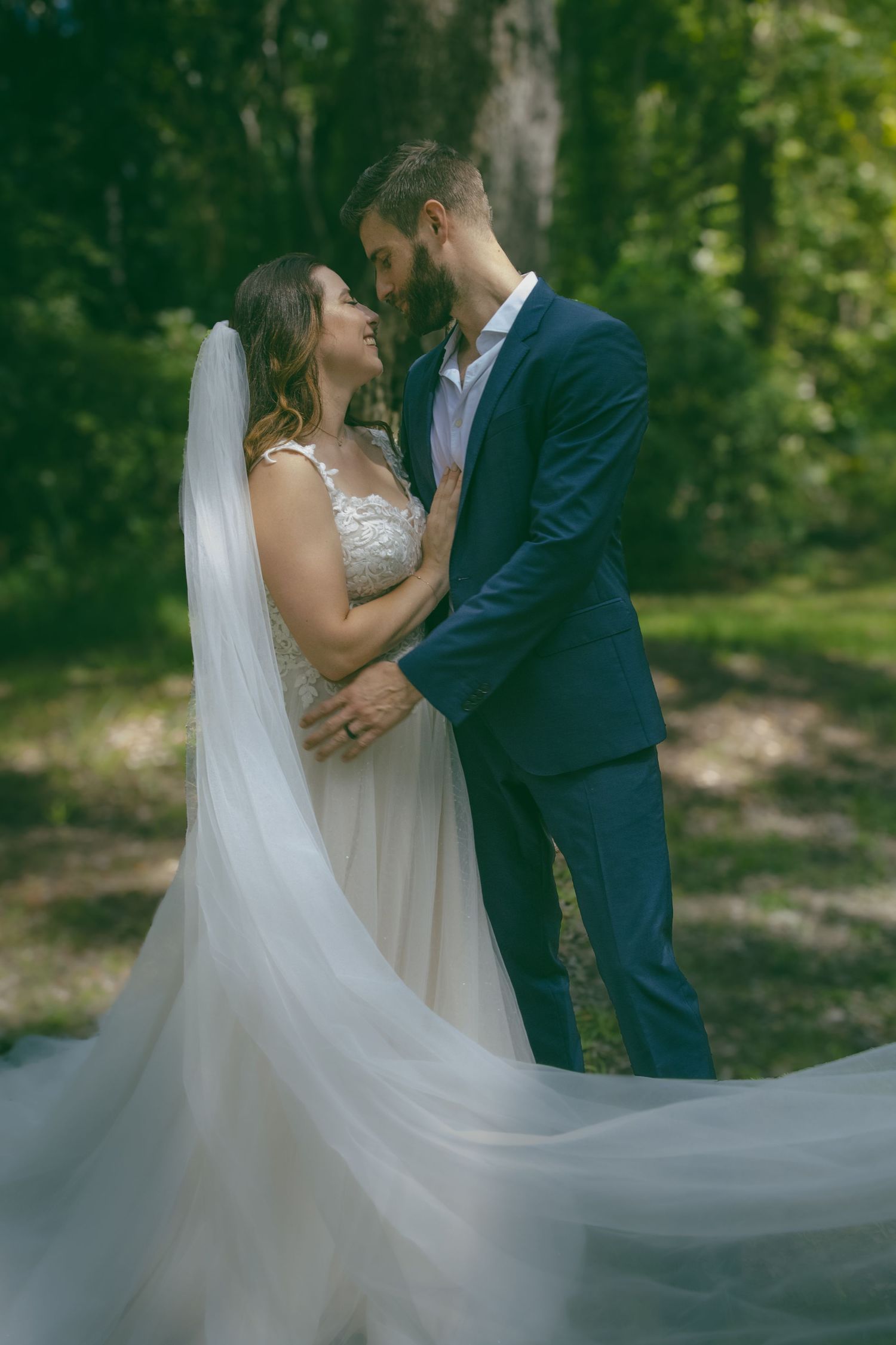 bride and groom long veil outdoor elopement wedding romantic