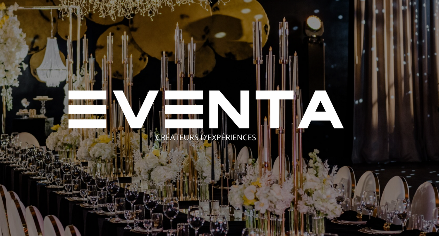 White Eventa logo text on a dark background with blurred chandeliers and elegant event decor.