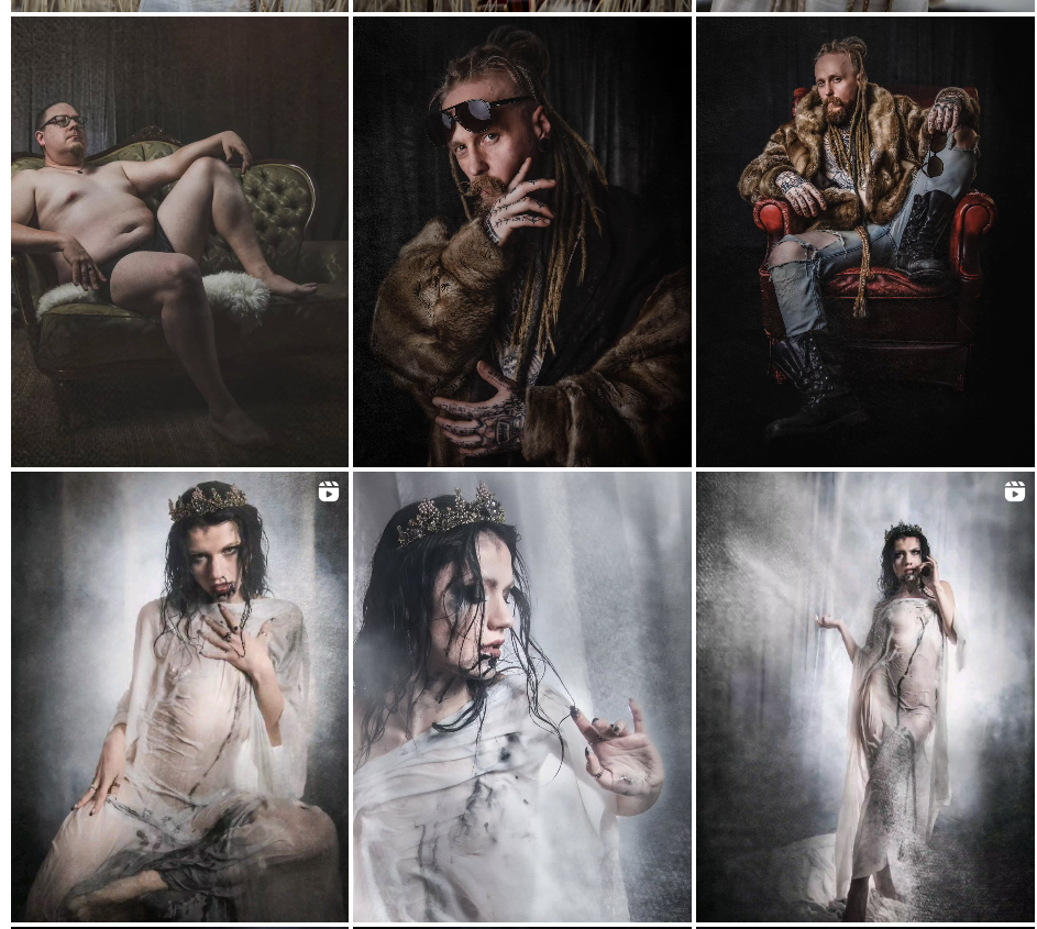 Collection of artistic portraits with dramatic lighting showcasing different poses and emotions.