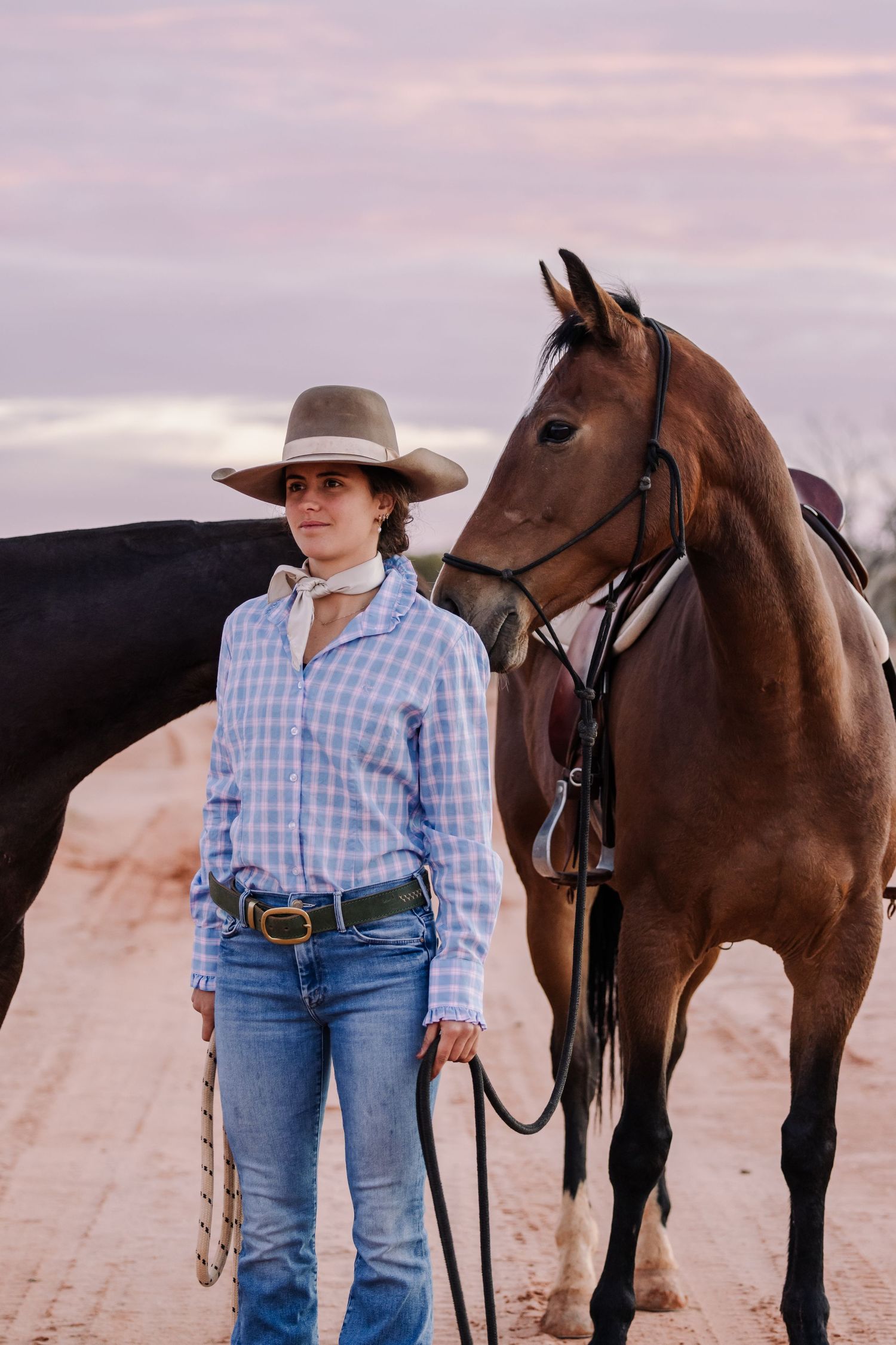 A person in western wear stands with a saddled brown horse against a sunset sky.