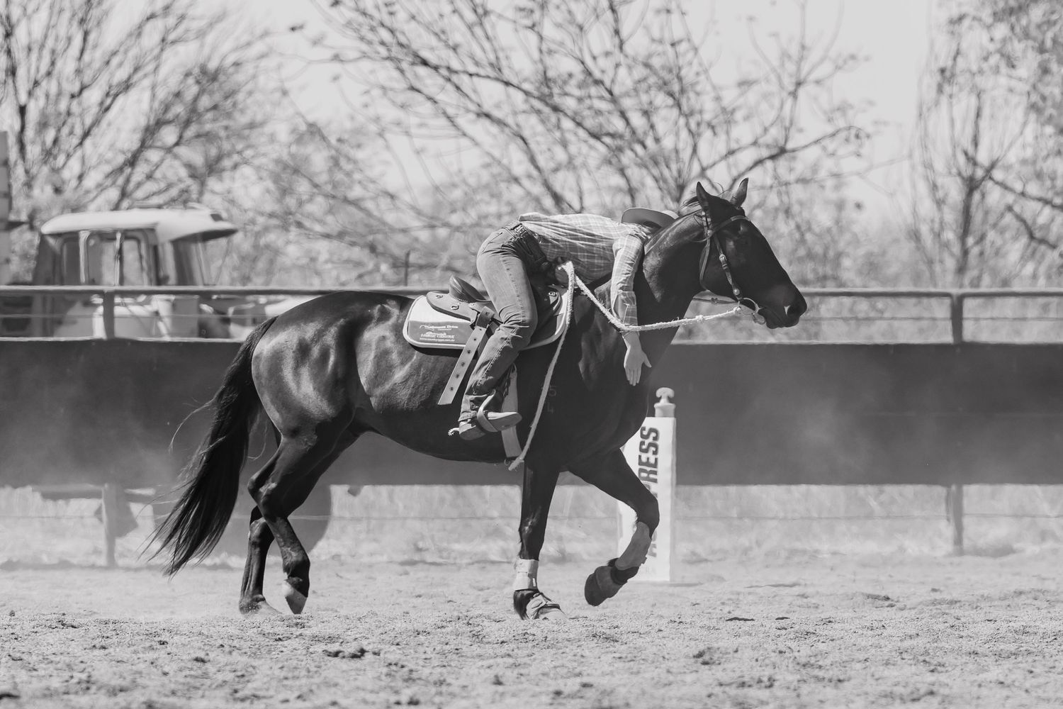 Black and white photo of horse and rider galloping in training arena.