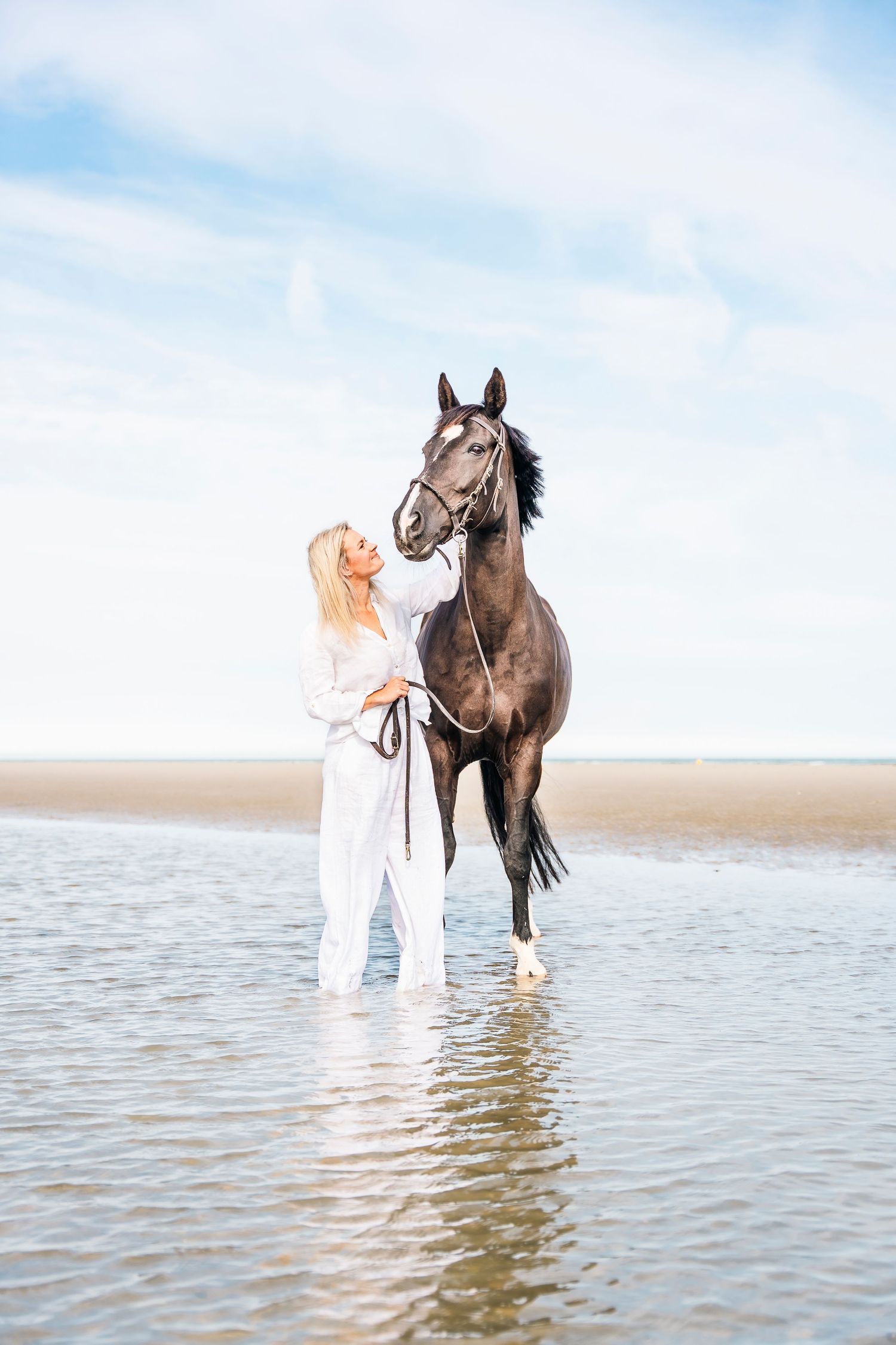 A horse and handler stand together in shallow coastal waters during a photoshoot.