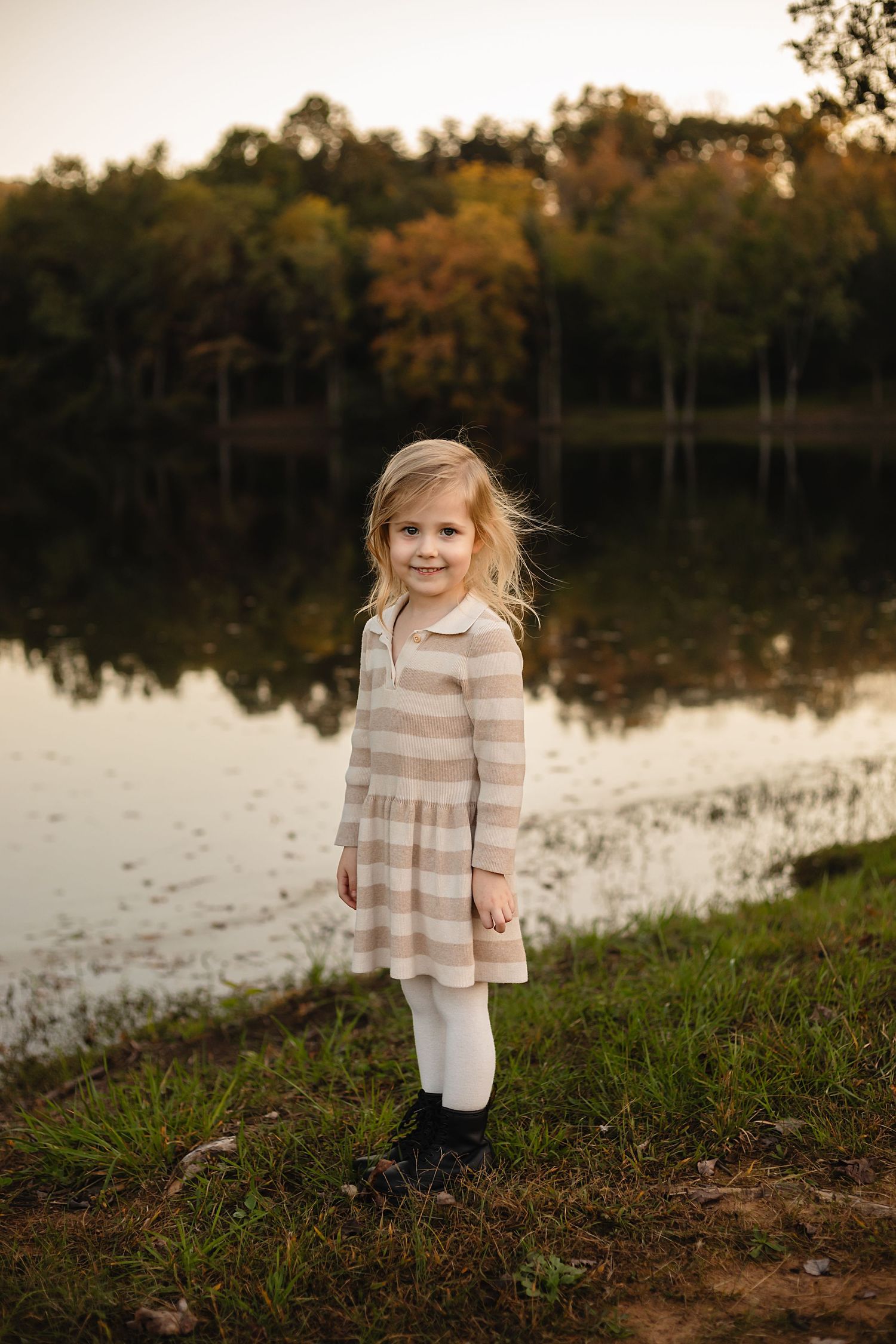 Charlottesville photographer, family, newborn, maternity, baby, little blonde girl against fall lake backdrop