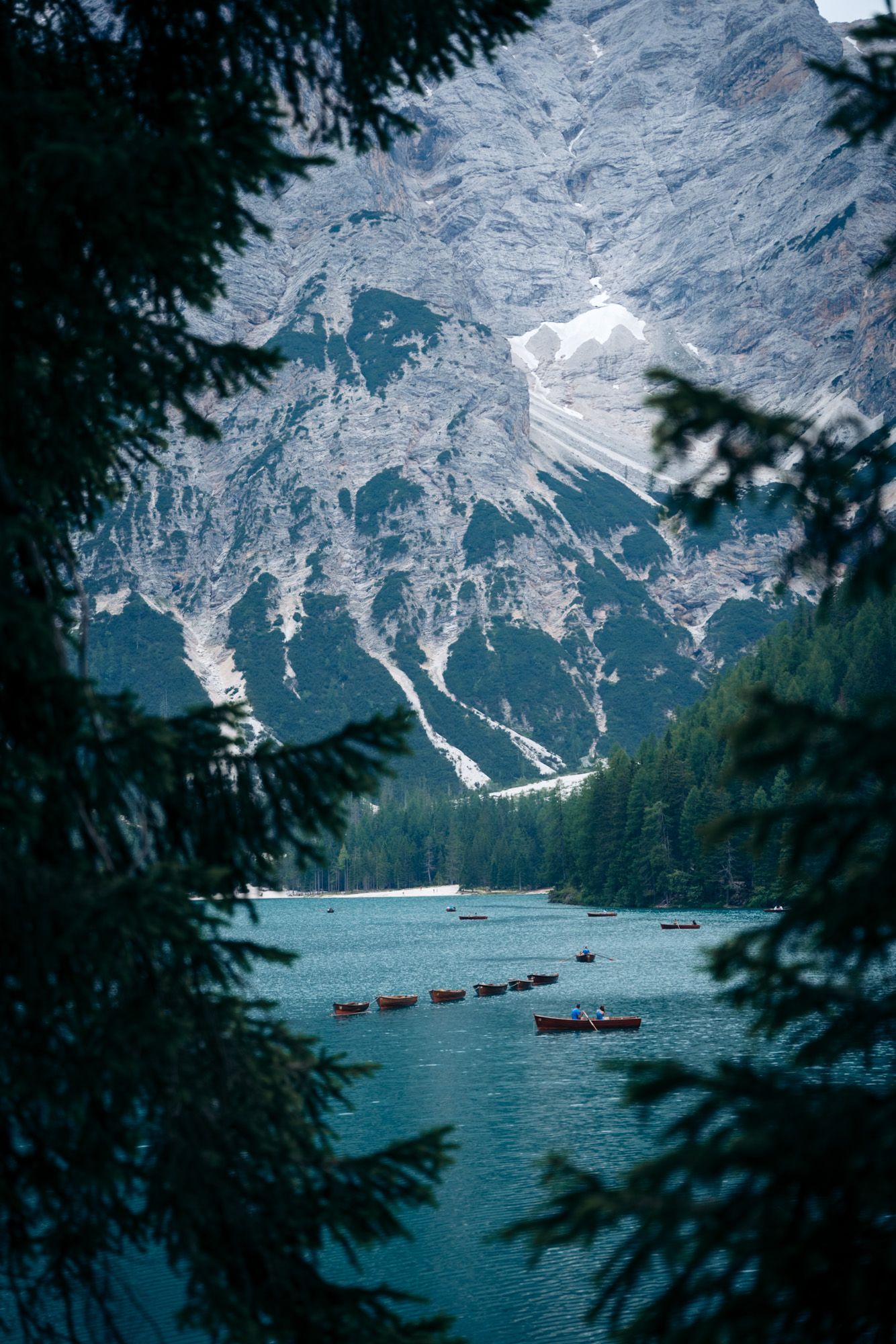 bateau du lago di braies entre les sapins