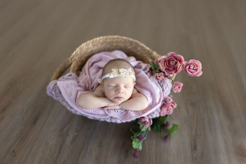 Newborn resting in woven basket with purple fabric and pink roses as decoration. Photos by Tampa Photographer DigitalMyst Photography
