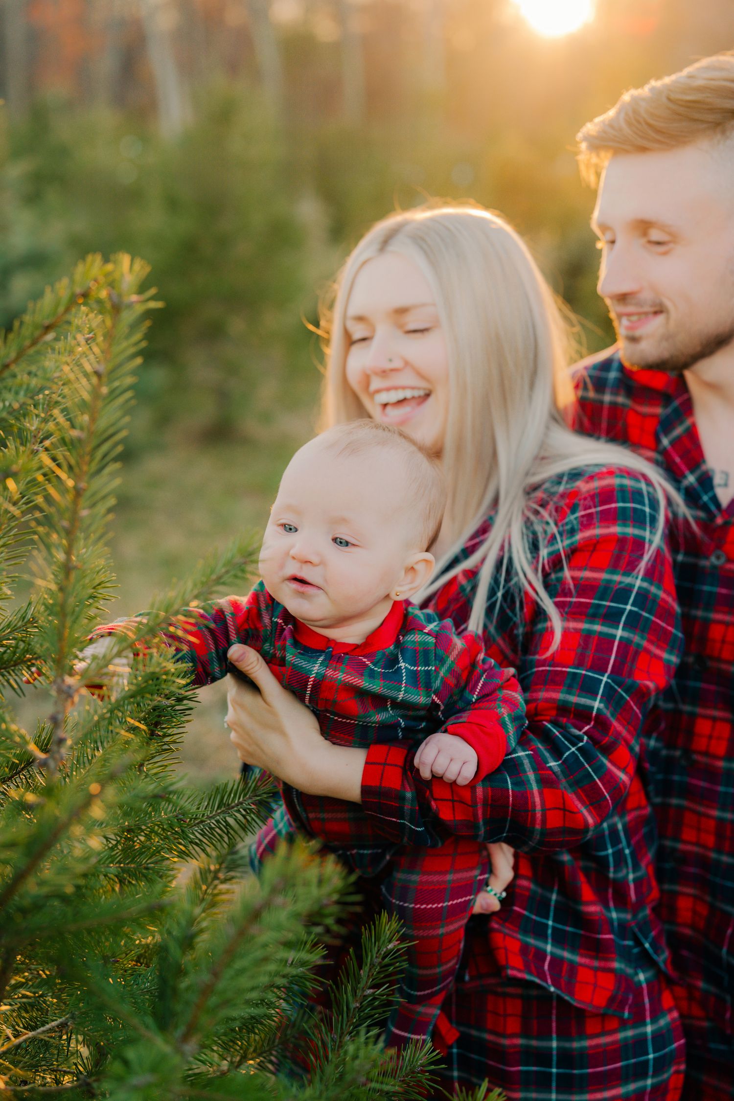 Joyful family in matching red plaid outfits smiling together at Christmas tree farm during golden sunset.