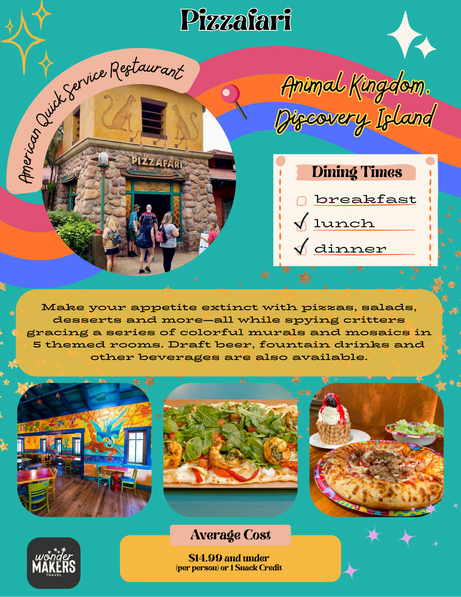 Colorful restaurant menu collage featuring pizzas, dining spaces and promotional text against vibrant turquoise and coral backgrounds.