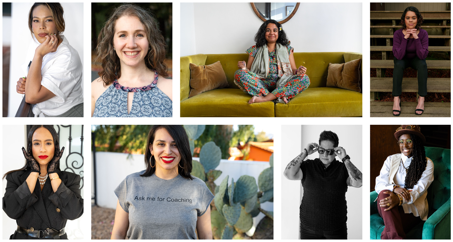 A collection of diverse headshots and lifestyle images arranged in a grid format showing people in casual and professional settings.
