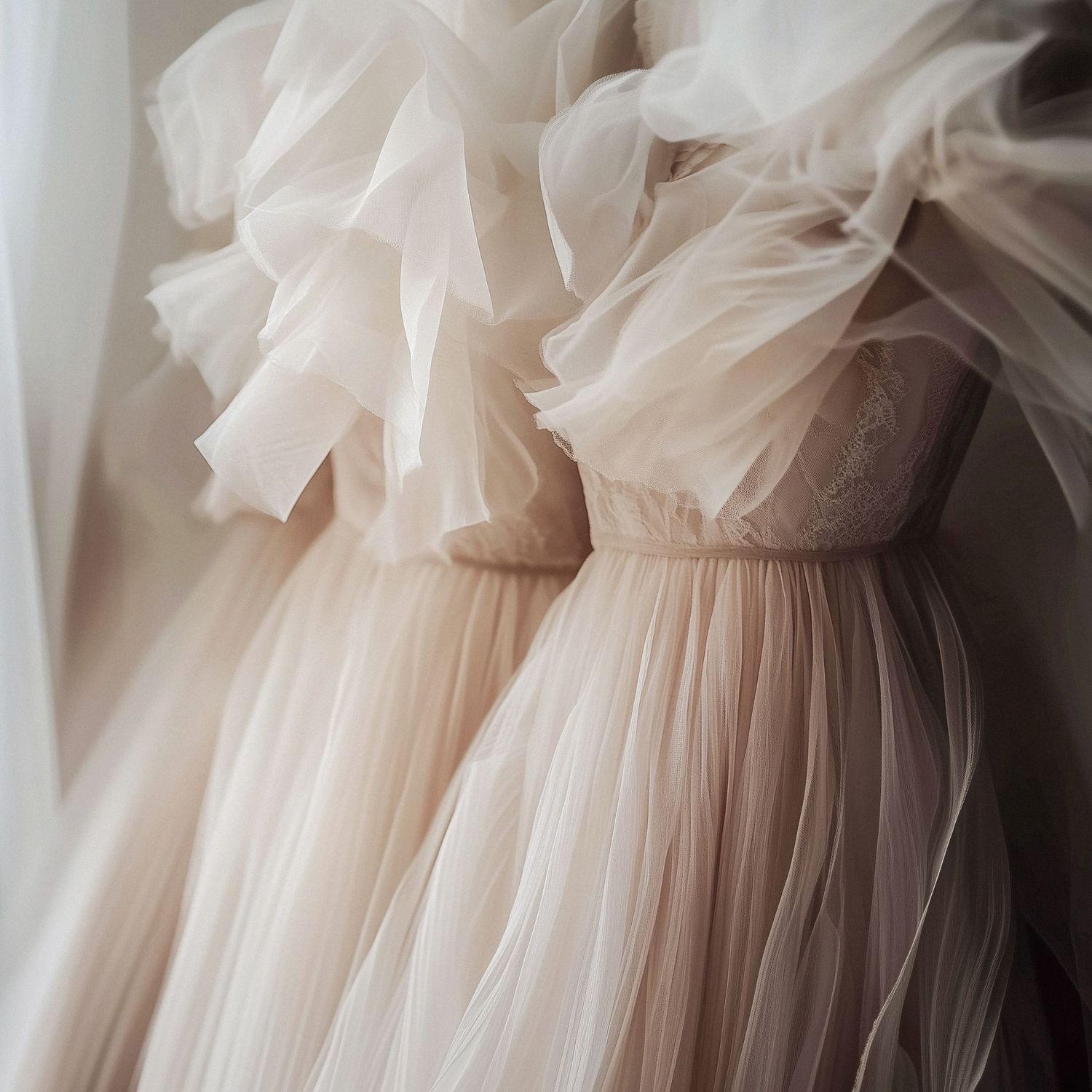 A person reclines on an outdoor couch wearing a flowing pink tulle gown on an urban rooftop.