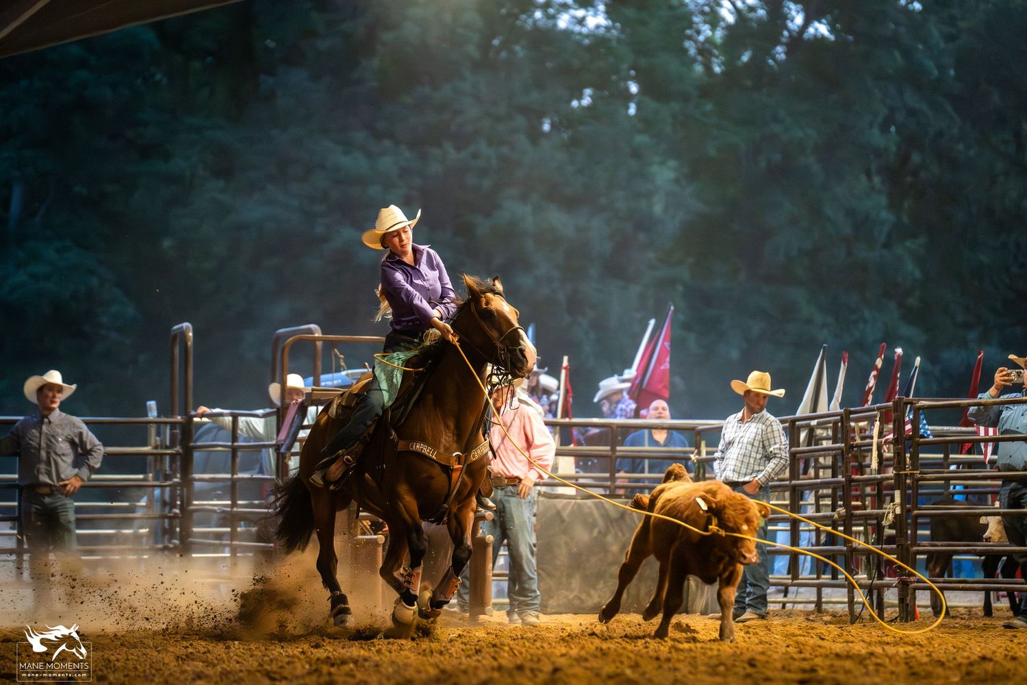 A rodeo competitor competes in a calf roping event kicking up dust in an evening arena setting.