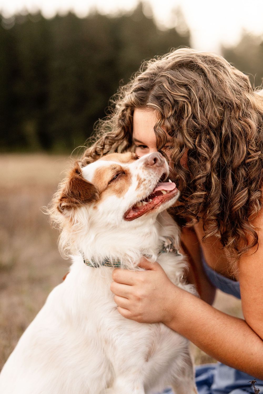 Curly-haired girl affectionately kissing her happy white and brown dog outdoors in a sunny field.