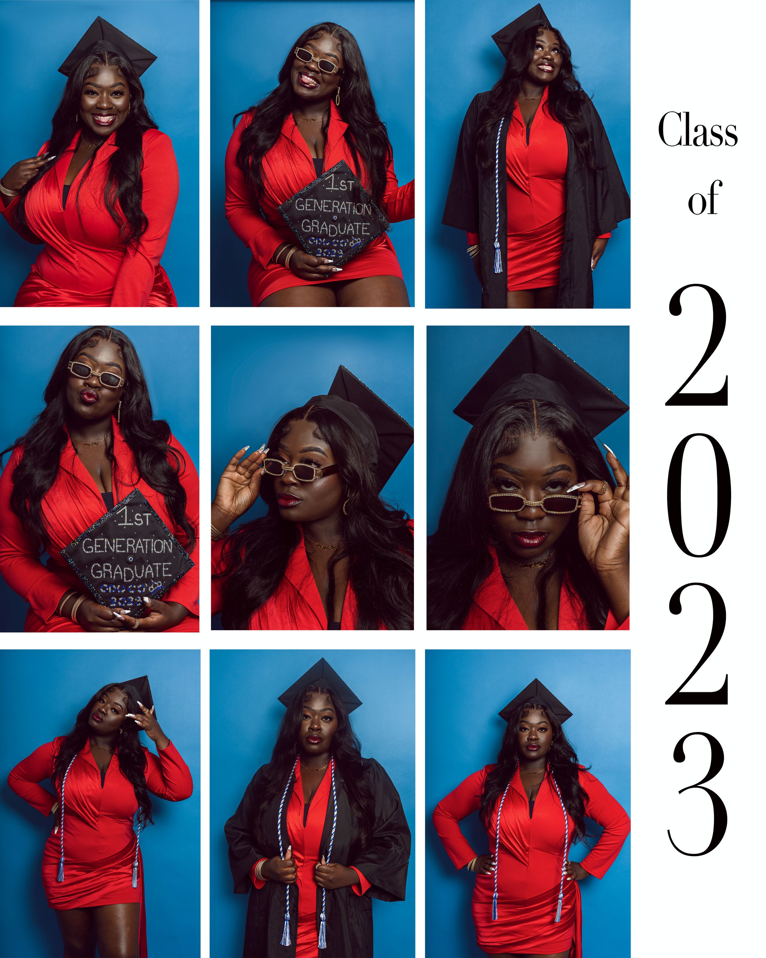 Graduation photo collage featuring nine poses in red dress and black cap and gown against bright blue backdrop.