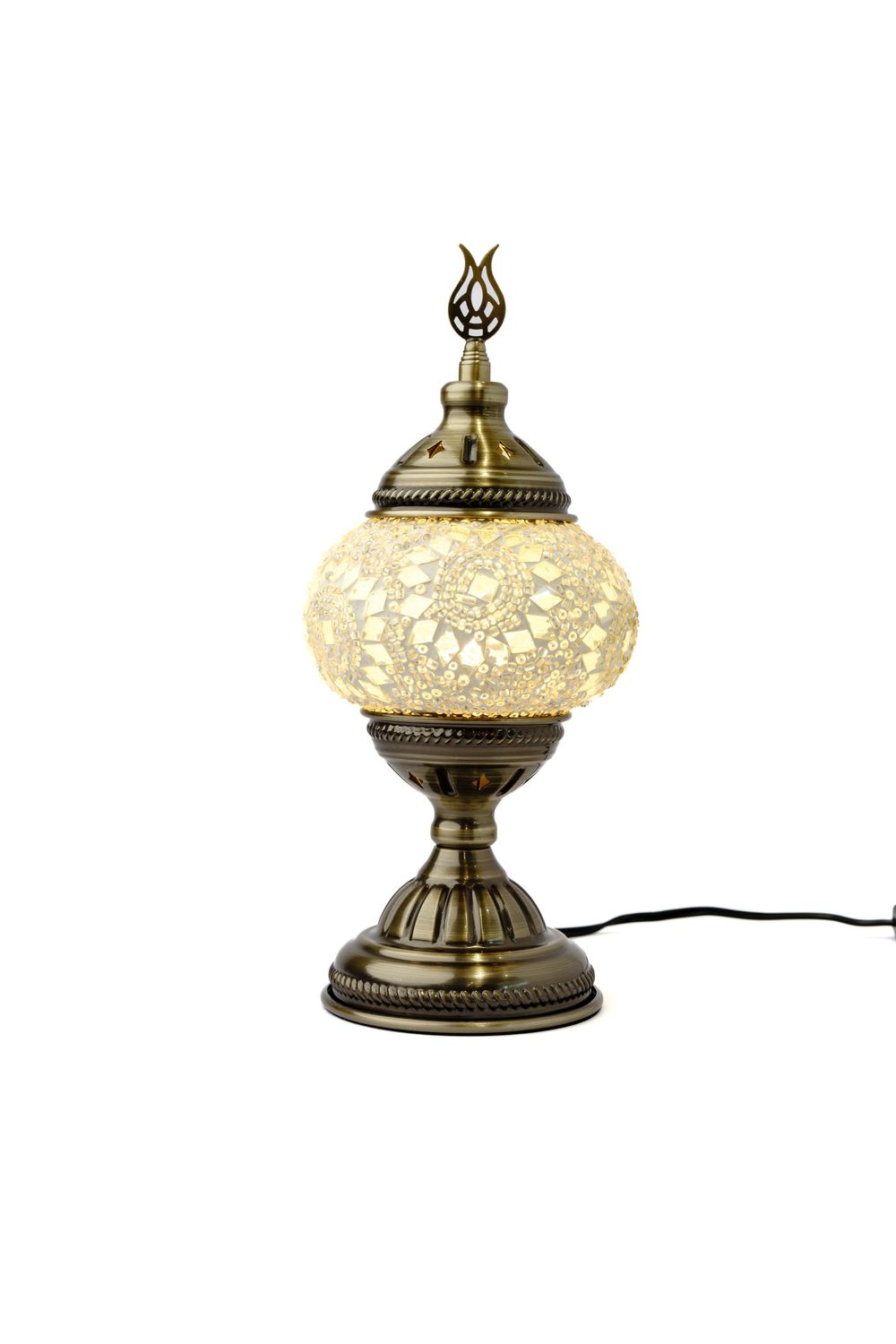 Vintage Turkish mosaic table lamp with intricate patterns and brass details on an ornate metal base.