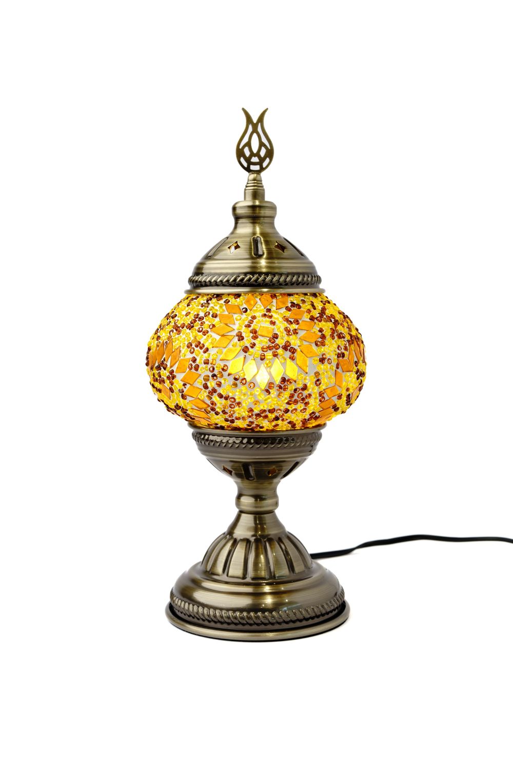 Turkish mosaic table lamp with gold glass dome and bronze metal base featuring ornate oriental design details.