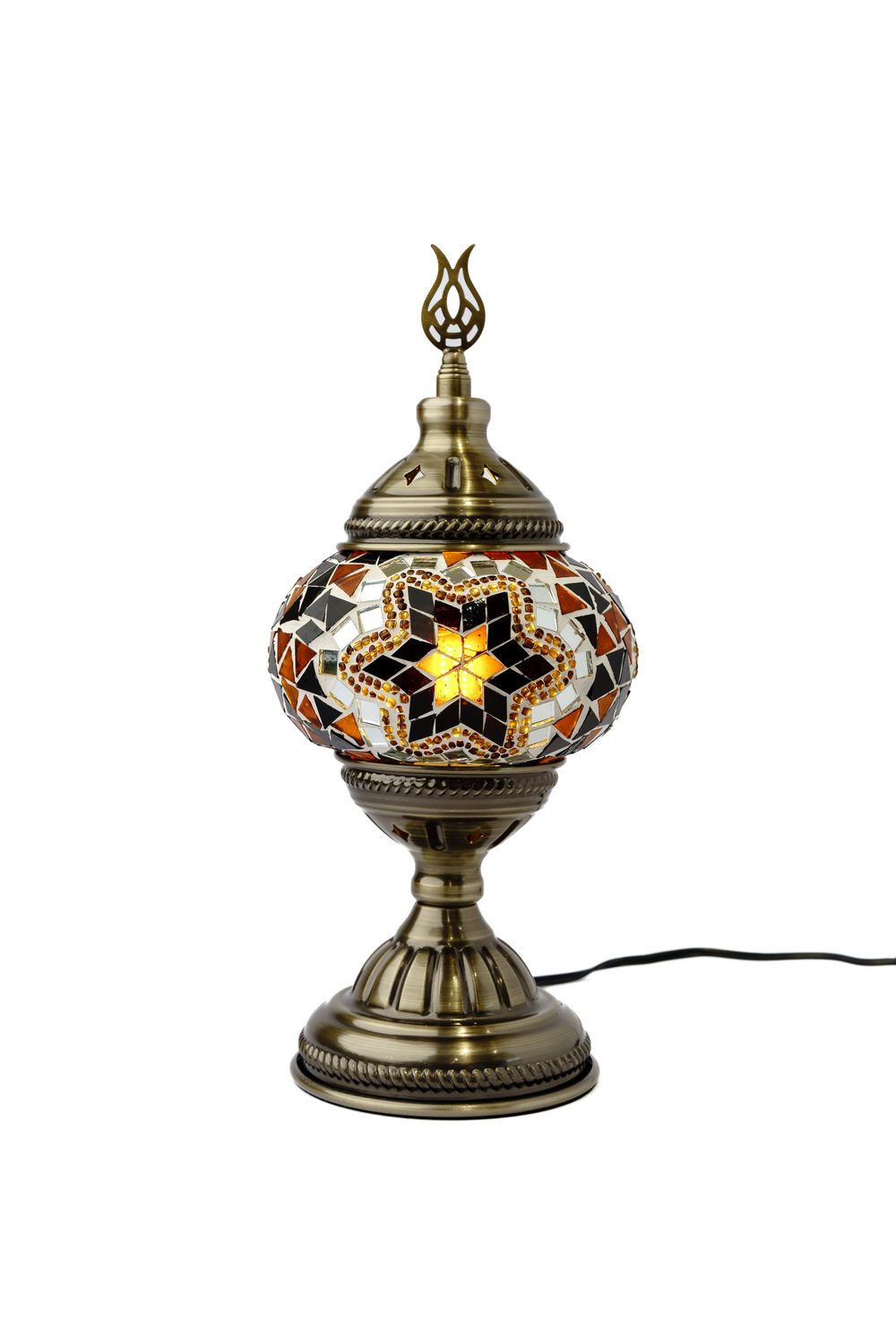 Decorative Turkish mosaic table lamp with bronze metallic base and colorful glass pattern featuring a star design.