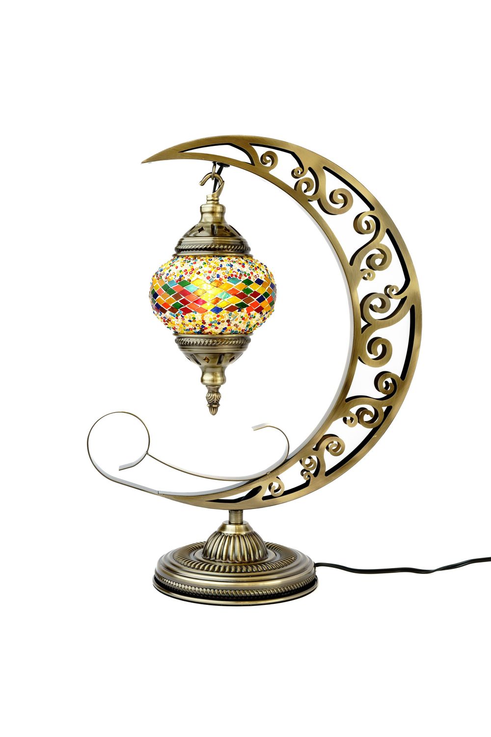 Ornate Turkish mosaic table lamp with crescent moon-shaped bronze stand and colorful stained glass globe shade.