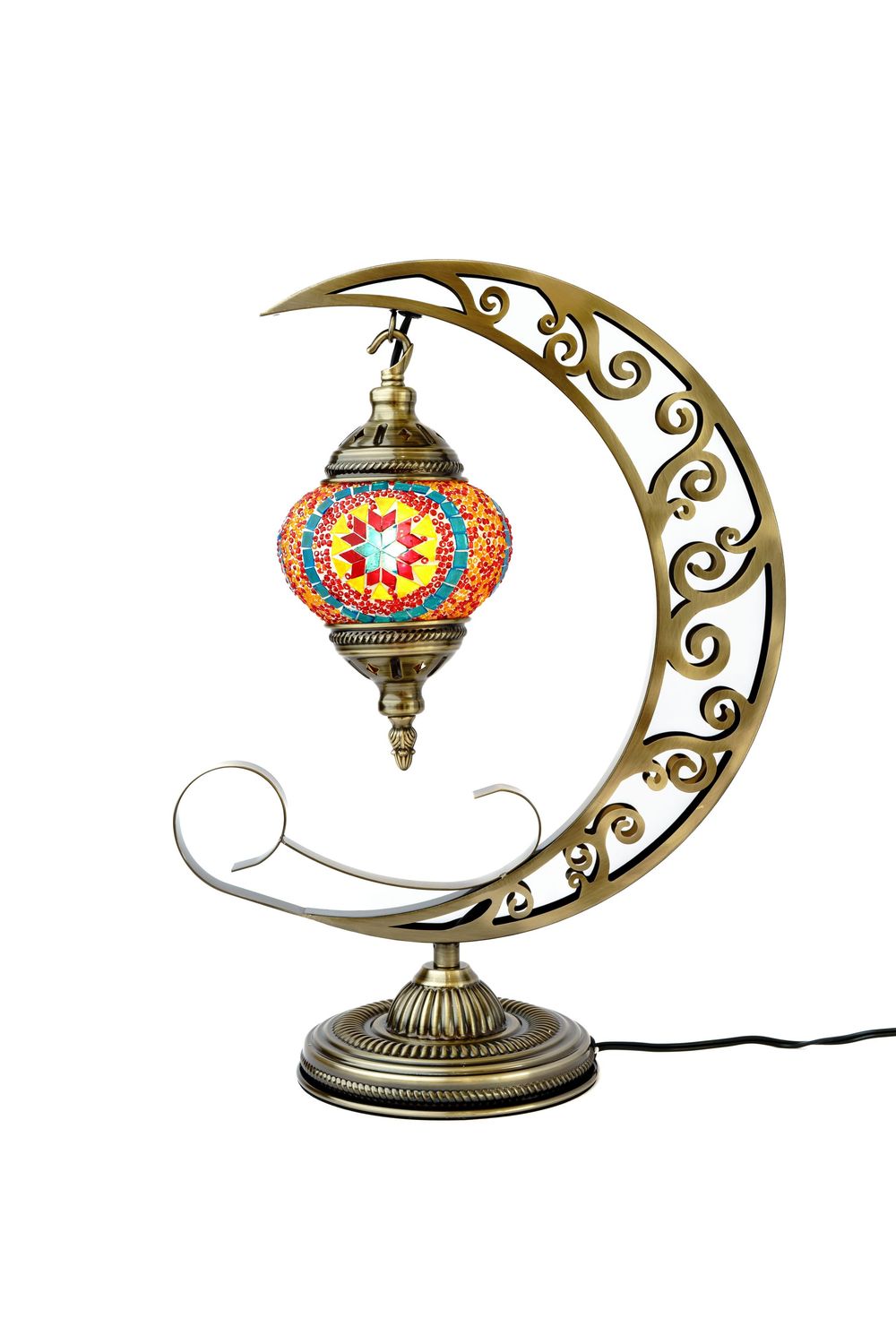 Turkish mosaic table lamp with crescent moon design featuring colored glass globe and ornate bronze metalwork base.