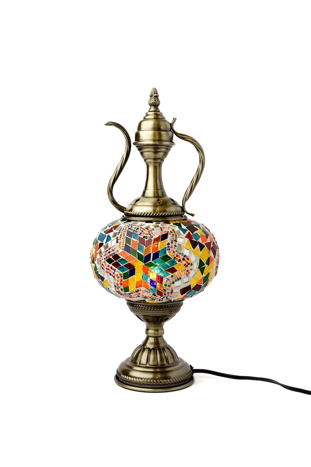 Ornate Turkish mosaic glass table lamp with brass metalwork features colorful geometric patterns and traditional design elements.