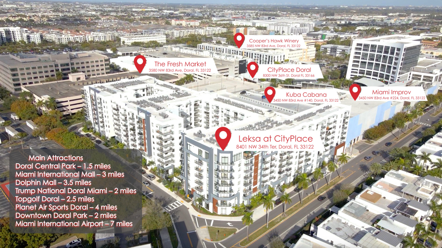 Aerial view of modern white apartment buildings with location pins in an urban setting near medical facilities.
